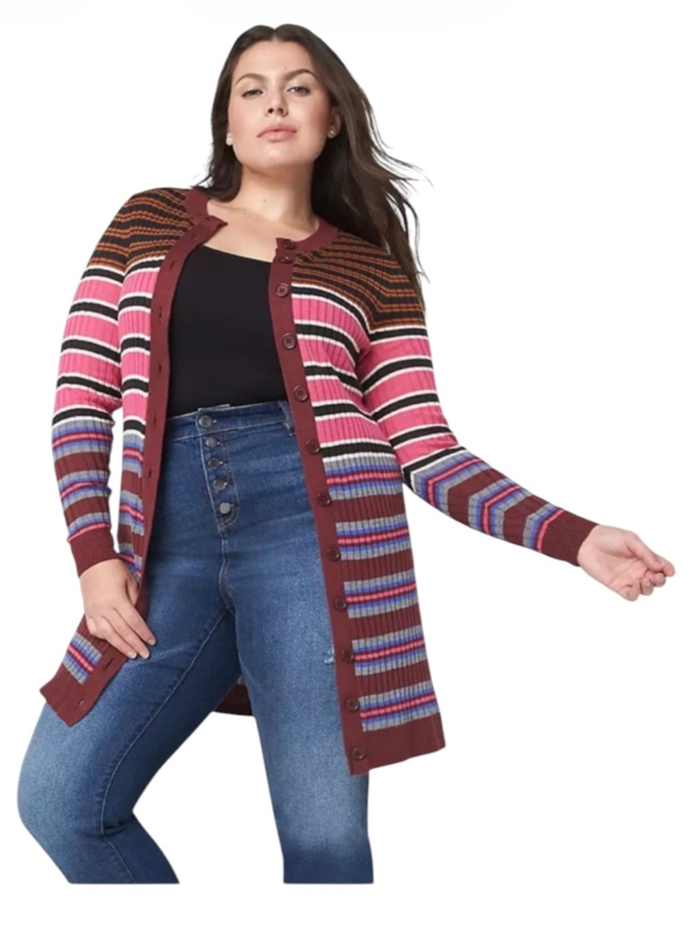 Lane Bryant Striped Longline Duster Cardigan Sweater Pink Orange Plus 18/20 2X